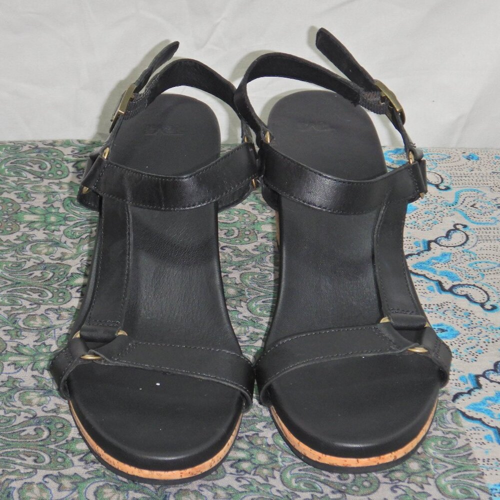 TEVA Black Leather Strap Cork Wedges w/ Adjustable Straps